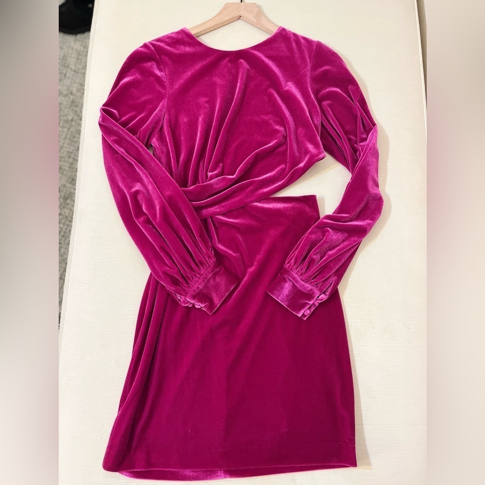 One33 Social Hot Pink Velvet Cutout Mini Dress Draped Front Balloon Sleeve Glam